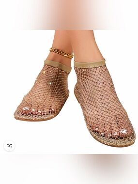 Women's Rhinestone Fishnet Ankle Shoes-Gold NWOT size 40/9-10